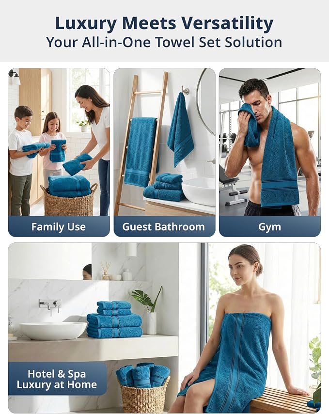 LANE LINEN Towel Set Quick Dry 100% Cotton 6 Piece Soft - Sea Port | Cotton Towels For Bathroom - Zero-Twist Durability, Zero-Twist Cotton, Terry Weave Comfort, Long-Lasting Comfort
