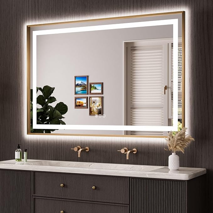 60"X40" LED Bathroom Mirror with Front Lit and Backlit(Brushed Gold) | Metal Framed Mirror, Stepless Dimmable, Anti-Fog, HD Reflection, Shatter-Proof, Memory, 3 Colors, Double LED Vanity Mirror.