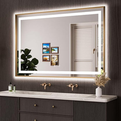 60"X40" LED Bathroom Mirror with Front Lit and Backlit(Brushed Gold) | Metal Framed Mirror, Stepless Dimmable, Anti-Fog, HD Reflection, Shatter-Proof, Memory, 3 Colors, Double LED Vanity Mirror.