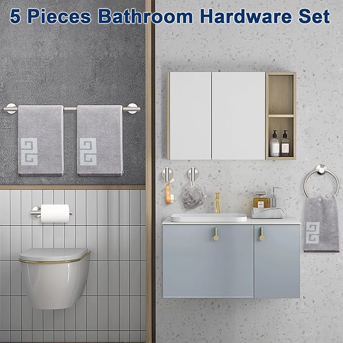NearMoon 5 Pieces Bathroom Hardware Set SUS304 Thicken Stainless Steel-Towel Rack Kit Include 24" Towel Rod +Bath Towel Ring +Toilet Paper Holder +2 Robe Towel Hooks Bath Accessories (Nickel)