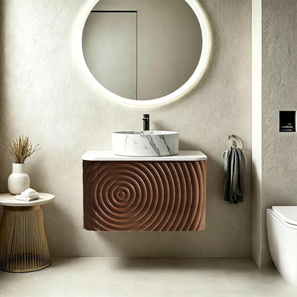 24" Floating Bathroom Vanity with Sink, Mid-Century Wall Mounted Bathroom Vanity Cabinet with Waved Decor, Marble Ceramic Basin, Sintered Stone Top, Soft Close Storage Drawer, Natural