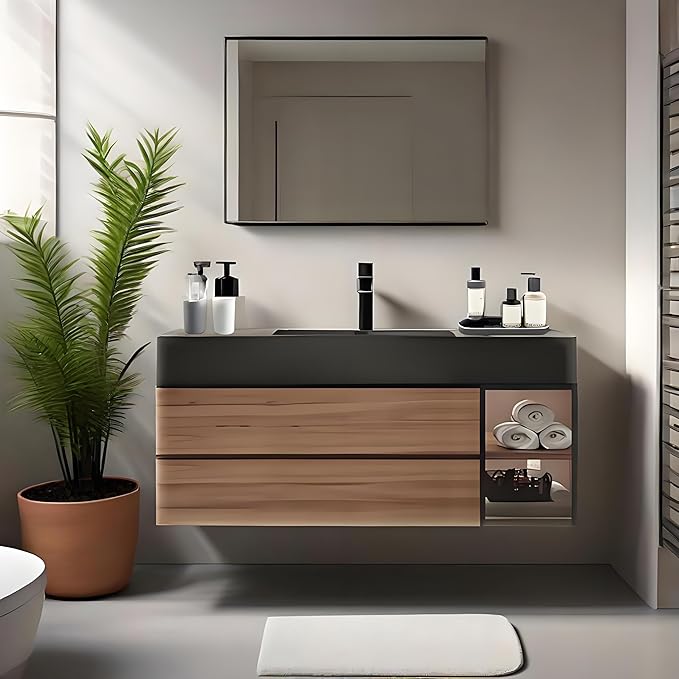 Floating Bathroom Vanity with Sink, Wall Mounted Cabinet with Seamless Integrated Basin, Walnut Color, Solid Wood Bathroom Cabinet, Pre-Assembly, Multiple Scenes (31.5in)