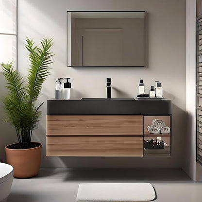 Floating Bathroom Vanity with Sink, Wall Mounted Cabinet with Seamless Integrated Basin, Walnut Color, Solid Wood Bathroom Cabinet, Pre-Assembly, Multiple Scenes (31.5in)