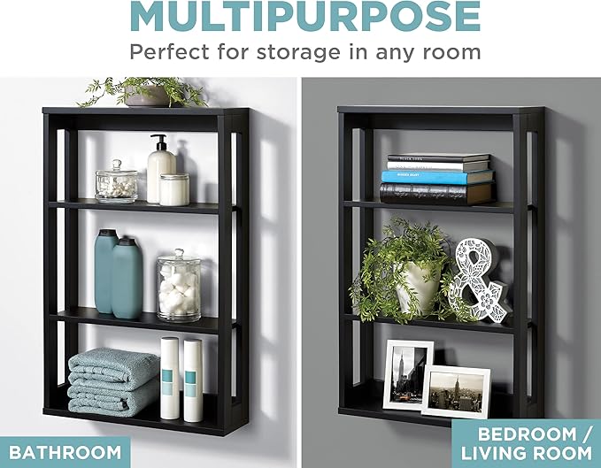 Zenna Home Wall Mounted Storage Shelf, Wood Space Saving Storage Organizer with 4 Shelves, Shelving Unit for Small Spaces like Bathroom and Kitchen, Black