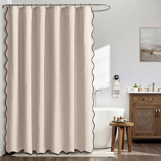 MIULEE Beige Scalloped Linen Shower Curtain 72x72 Inches | Linen Textured, Waterproof, Washable, 12 Metal Hooks, Heavy Duty Cloth, Black Border, Shower Curtain for Bathroom Bathtub