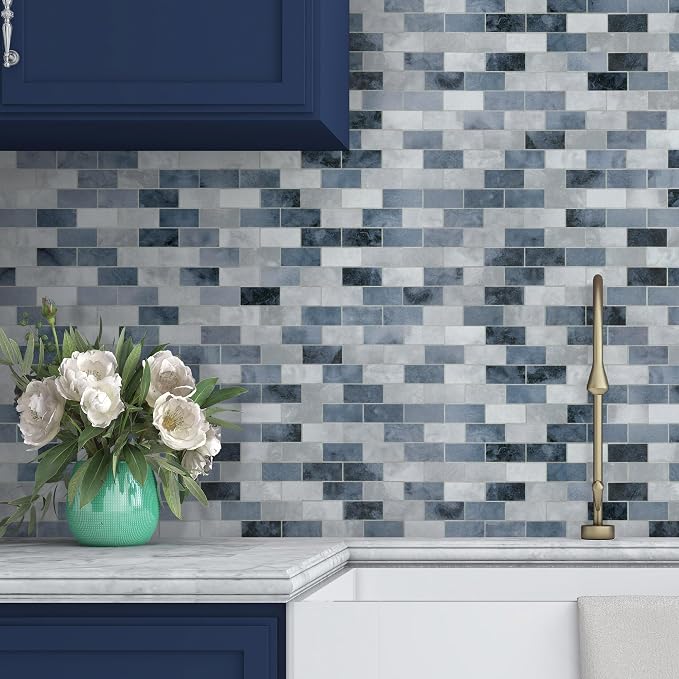 10-Sheet Subway Peel and Stick Backsplash Tile, 11.3" x 10.8" Blue Stone Composite Cement Looks Self Adhesive Waterproof Wall Tile, Stick on Tiles for Kitchen Bathroom Shower Fireplace