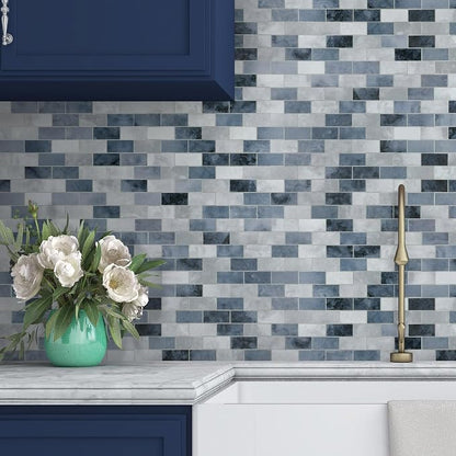 10-Sheet Subway Peel and Stick Backsplash Tile, 11.3" x 10.8" Blue Stone Composite Cement Looks Self Adhesive Waterproof Wall Tile, Stick on Tiles for Kitchen Bathroom Shower Fireplace