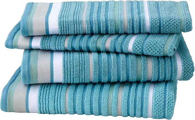SKL Home Seabrook Stripe Bath Towel Set-4pc, Premium 100% Cotton, Teal | 550 GSM weight. Spa-level quality. Soft & absorbent with a textured jacquard pattern.