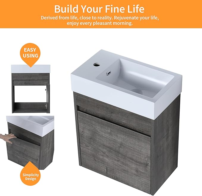 18" Floating Wall-Mount Bathroom Vanity with Ceramic Sink - Space-Saving Design, Soft-Close Doors & Waterproof Storage Cabinet for Small Bathrooms