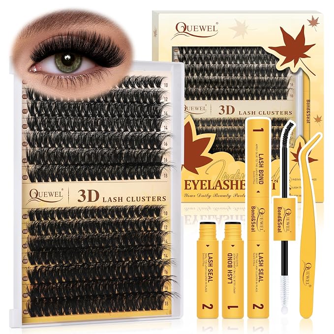 QUEWEL Lash Clusters Kit, 280Pcs 80D+100D Lash Cluster Eyelash Extensions | 10-18mm Lash Clusters Kit with Lash Bond and Seal and Lashes Tweezers Easy DIY at Home (80+100D 3D Kit)