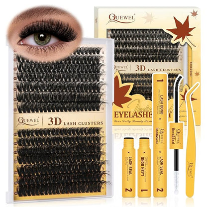 QUEWEL Lash Clusters Kit, 280Pcs 80D+100D Lash Cluster Eyelash Extensions | 10-18mm Lash Clusters Kit with Lash Bond and Seal and Lashes Tweezers Easy DIY at Home (80+100D 3D Kit)