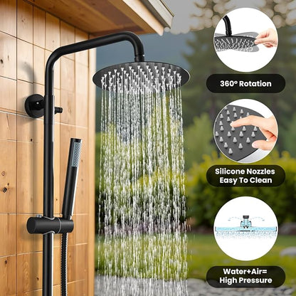 gotonovo Outdoor Shower Kit 304 Stainless Steel, Matte Black, 8 Inch | Rain Outdoor Shower Head and Handle Set Fixture System Faucet, Exposed Wall Mounted, for Outside Yard Pool Seaside/Indoor