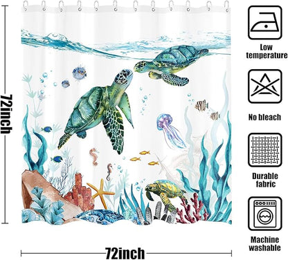 Fowocu Sea Turtle Shower Curtain Teal Blue Ocean Waterproof Fabric Shower Curtains for Bathroom with Funny Animal Octopus Starfish Anchor Fish Nautical Bath Curtain Decor (Teal, 72''×72'')