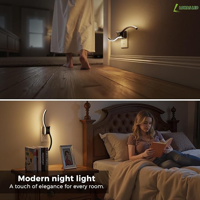 L LOHAS LED Night Light, 2 Pack Night Lights Plug into Wall | Modern Wall Sconces with Dusk to Dawn Sensor, Dimmable Wave Plug in Night Light, 3000K Soft White for Bedroom Living Room