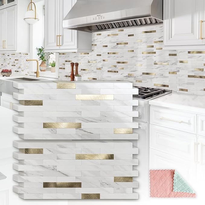 StyloVue 20 Sheets Peel and Stick Backsplash for Kitchen, Sparkle White Marble Look with Gold Metal, Glossy Finish, Stick on Tile for Kitchen Backsplash, RV, Fireplace