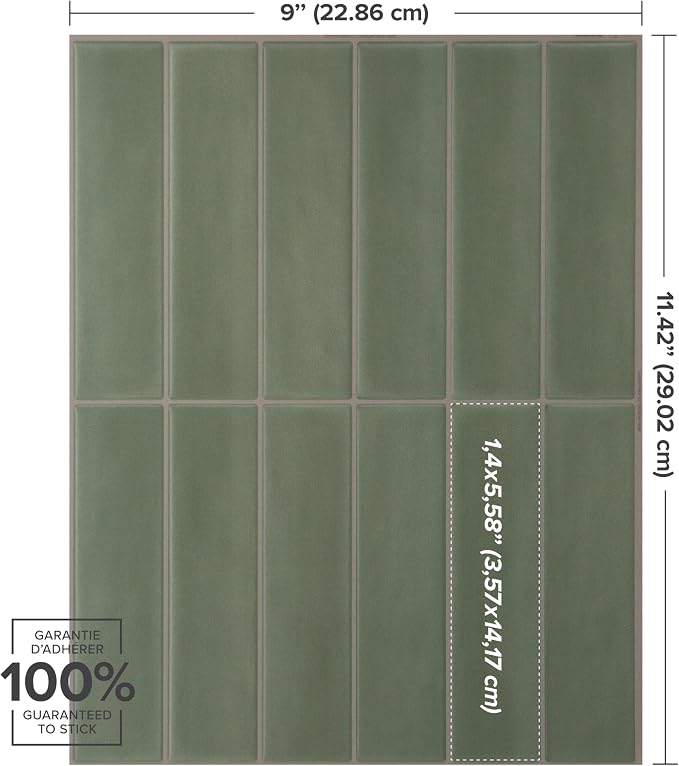 Smart Tiles Peel and Stick backsplash, Stacked Olive Green, 11.43"x9" | Pack of 5 (3.5 sq ft), Matte, Heat/Moisture Resistant, Low VOC, Kitchen/Bathroom, Renter Friendly, Made in Canada