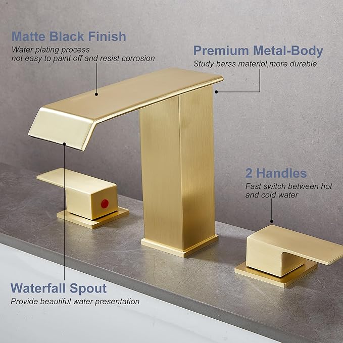 Bathroom Faucet 8 inch 3 Hole 2 Handle Widespread Bathroom Sink Faucet Brushed Gold Waterfall with Pop Up Drain Stopper Water Supply Hoses Modern Vanity Lavatory Basin Brass Commercial