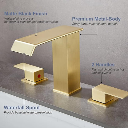 Bathroom Faucet 8 inch 3 Hole 2 Handle Widespread Bathroom Sink Faucet Brushed Gold Waterfall with Pop Up Drain Stopper Water Supply Hoses Modern Vanity Lavatory Basin Brass Commercial