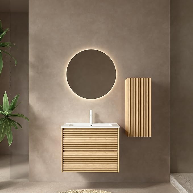 12" Wall-Mounted Floating Striped Bathroom Vanity Side Cabinet with a Door and a Shelf, (Suitable for Sedona Bathroom Vanity), Light Oak