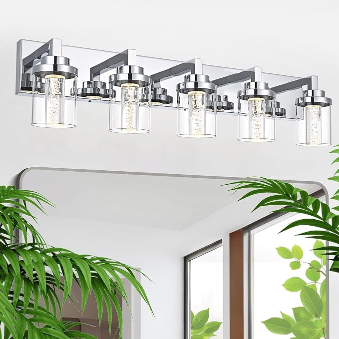 MELUCEE 31 Inch LED Vanity Light Bar Chrome 5-Light with Clear Glass Shade | Bathroom Vanity Light Modern 25W Bathroom Wall Lighting Fixtures Bubble Crystal Restroom Lights Fixtures over Sink