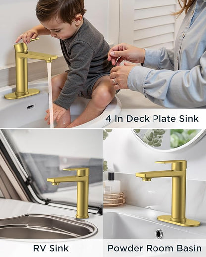 FORIOUS Gold Bathroom Faucet 1 Hole, Single Hole Brushed Gold Bathroom Faucet Single Handle with 1.2 GPM Water-Saving Aerator, Pop Up Drain and Hose, Modern Restroom Sink Tap with Deck Plate, Vanity