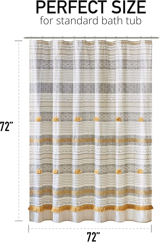 INK+IVY Cody Shower Curtain for Bathroom, Cotton, 72 x 72, Gray/Yellow | Adds Privacy, Machine Washable, Striped Pattern, Boho, OEKO-TEX Certified
