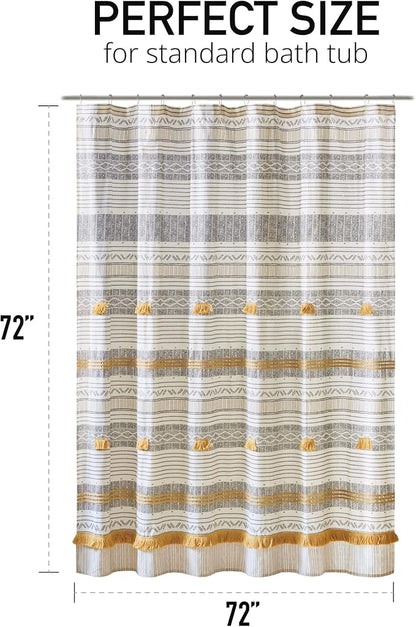 INK+IVY Cody Shower Curtain for Bathroom, Cotton, 72 x 72, Gray/Yellow | Adds Privacy, Machine Washable, Striped Pattern, Boho, OEKO-TEX Certified