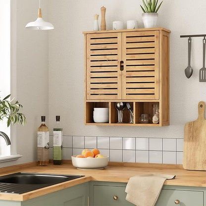 Bathroom Wall Storage Cabinet, Bamboo Medicine Cabinet with Doors and Adjustable Shelves, Bathroom Medicine Cabinet Wall Mount, Wall Mounted Over-The-Toilet Storage Cabinet