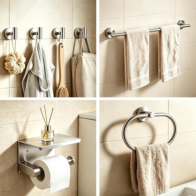7-Piece Bathroom Hardware Accessories Set, SUS304 Towel Bar, Silver | 25.9-Inch Towel Rack, Oval Towel Ring, Toilet Paper Holder with Shelf & 4 Robe Towel Hooks, Wall-Mounted Towel Holder Set