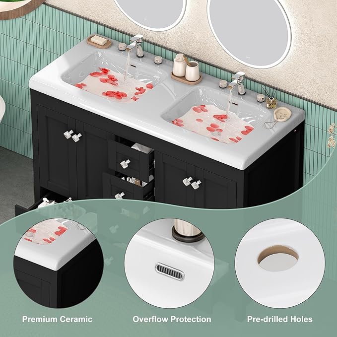 48 Inch Bathroom Vanity with Double Sink, Bathroom Vanity Cabinet with Doulble Sink, Black Bath Vanities with 4 Doors and 6 Drawers (20" D x 48" W x 36" H)
