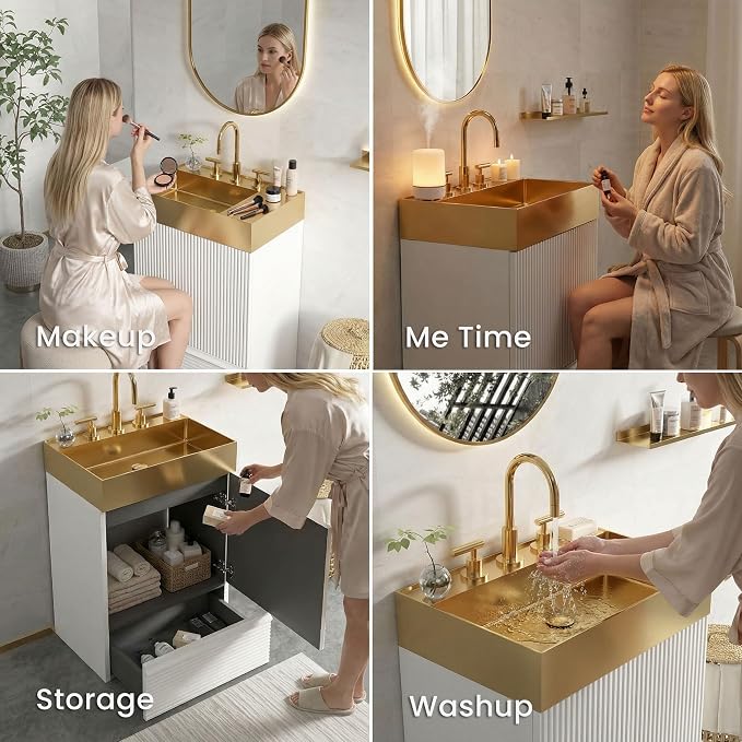 20″ Bathroom Vanity with Sink, Mid-Century Modern Fluted Style, Matte White | Gold Stainless Steel Sink, Soft-Close Drawer & Door, Organized Storage for Small Space, Powder Room, Apartment, Hotel