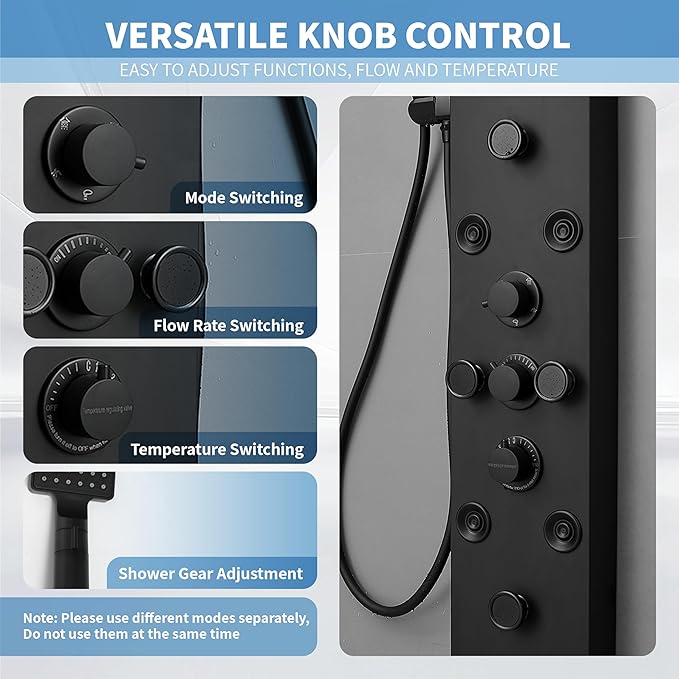 Shower Panel Tower System, Stainless Steel Multi-Function Shower Panel, Shower Tower with 5 Body Jets Handheld Shower Wand Tub Spout and Rainfall Head Temperature Display, Black