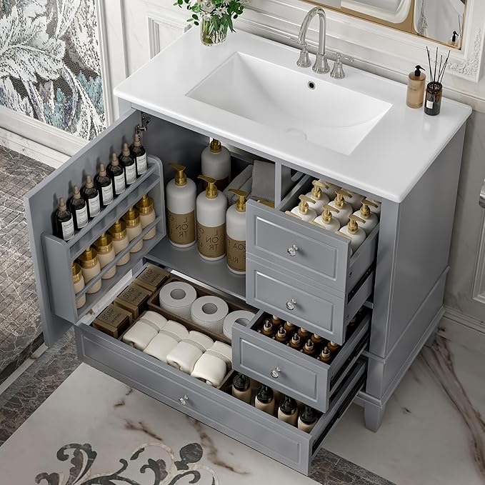 36" Vanity with Sink, Bathroom Vanities 36 Inch with Sink, Single Sink Bathroom Vanity with Door Shelf and Three Drawers, Restroom Vanity with Sink Top (Grey)