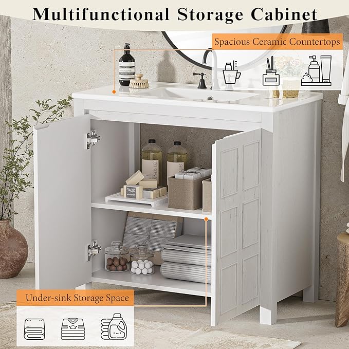 36" Bathroom Vanity,Farmhouse Vanity with Ceramic Sink, Set Bathroom Storage Cabinet, Antique White