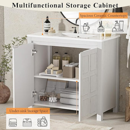 36" Bathroom Vanity,Farmhouse Vanity with Ceramic Sink, Set Bathroom Storage Cabinet, Antique White