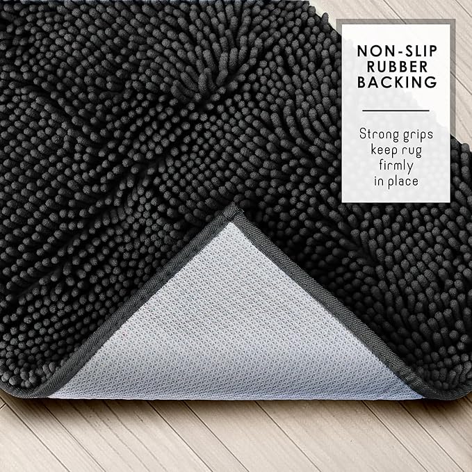 Hearth & Harbor Bathroom Rugs, Chenille Bath Mat - Machine Washable Bath Mats for Bathroom Non-Slip Backing Rubber, Quick Dry Mat - Black Bath Rug, 17x24-20x32-20x24