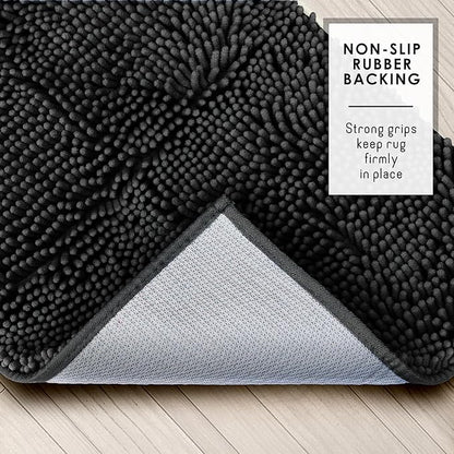 Hearth & Harbor Bathroom Rugs, Chenille Bath Mat - Machine Washable Bath Mats for Bathroom Non-Slip Backing Rubber, Quick Dry Bathroom Mat - Black Bath Rug, 26x44