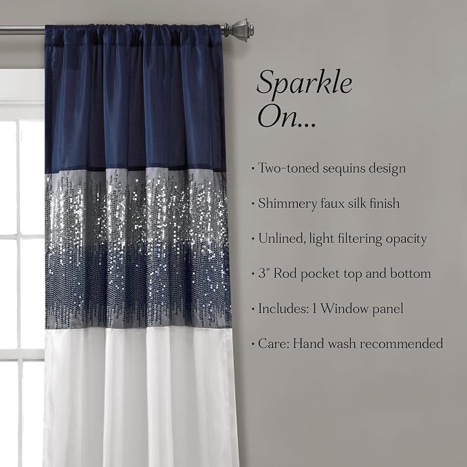 Lush Decor Night Sky Window Curtain Panel, Single 42"W x 95"L Navy & White - Sequin Backdrop Curtain - Room Darkening Curtains For Bedroom - Glam Decor