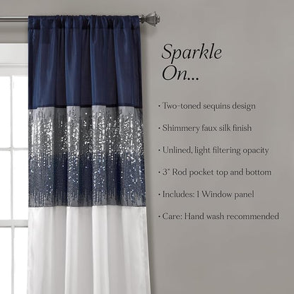Lush Decor Night Sky Window Curtain Panel, Single 42"W x 95"L Navy & White - Sequin Backdrop Curtain - Room Darkening Curtains For Bedroom - Glam Decor