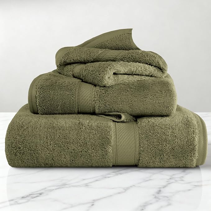 SUPERIOR Egyptian Cotton Ultra Plush & Absorbent, 3 Piece Set, Forest Green | Quick Dry, Soft Luxury Towel Set, Bath Essentials, Guest Bath, Spa, 1 Bath, 1 Hand, 1 Face Towels, Madeline Towels