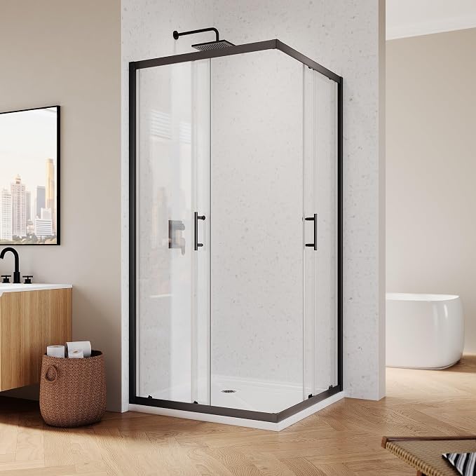 ELEGANT 34" D x 34" W x 72" H Corner Double Sliding Shower Door, Matte Black Frame, 1/4" ANSI Tempered Glass, Space-Saving for Small Bathroom