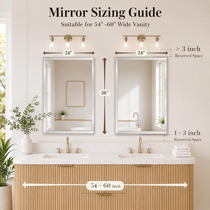 2 Pack 24x36 Inch Brushed Nickel Bathroom Mirrors for Over Sink | Curved Aluminum Frame Rectangle Vanity Mirror Set for Double Sink, HD Tempered Glass, Anti-Rust, Horizontal or Vertical