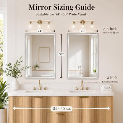 2 Pack 24x36 Inch Brushed Nickel Bathroom Mirrors for Over Sink | Curved Aluminum Frame Rectangle Vanity Mirror Set for Double Sink, HD Tempered Glass, Anti-Rust, Horizontal or Vertical