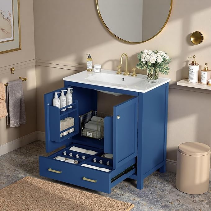 30" Freestanding Bathroom Vanity with Sink, Floor Stand Bathroom Storage Cabinet with Ceramic Sink, Doors with Double-Layered Storage Shelves, Modern Compact Vanity with Divided Drawer, Blue