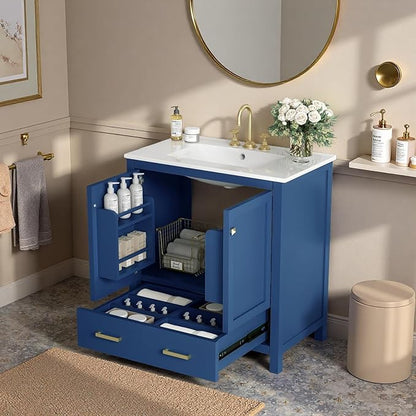 30" Freestanding Bathroom Vanity with Sink, Floor Stand Bathroom Storage Cabinet with Ceramic Sink, Doors with Double-Layered Storage Shelves, Modern Compact Vanity with Divided Drawer, Blue