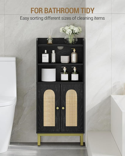 Hzuaneri Bathroom Storage Cabinet, Small Floor Cabinet with 2 Door | Toilet Paper Cabinets, Bathroom Organizer with Adjustable Shelf, for Small Spaces,Rattan Black,Arch Door,7.1" Dx14.6 Wx32.7 H