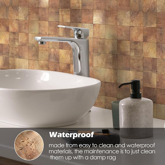 Yipscazo 10 Sheet Peel and Stick Backsplash Mosaic Tiles Stainless Steel Metal Kitchen Backsplash Stick on Tiles for Stove, Bathroom, Laundry in Retro Brown (11.8'' x 11.8'')