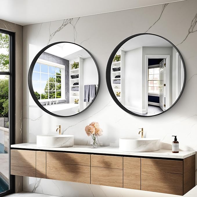 Black Round Mirror 36 inch Deep Frame Circle Mirror, Metal Framed Bathroom Mirror, Round Vanity Mirror, Circle Mirrors for Wall Entryway Bedroom Living Room Hallway