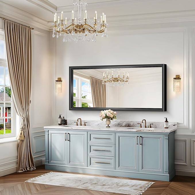 Black Rectangle Mirror, 60 x 28 Inch Large Bathroom Mirrors for Over Sink, 0.6" Thickened Deep Frame, Rectangular Wall Mirror, Brushed, Tempered Glass, Antirust, Horizontally or Vertically
