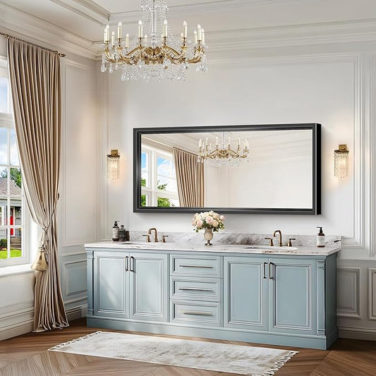 Black Rectangle Mirror, 60 x 28 Inch Large Bathroom Mirrors for Over Sink, 0.6" Thickened Deep Frame, Rectangular Wall Mirror, Brushed, Tempered Glass, Antirust, Horizontally or Vertically